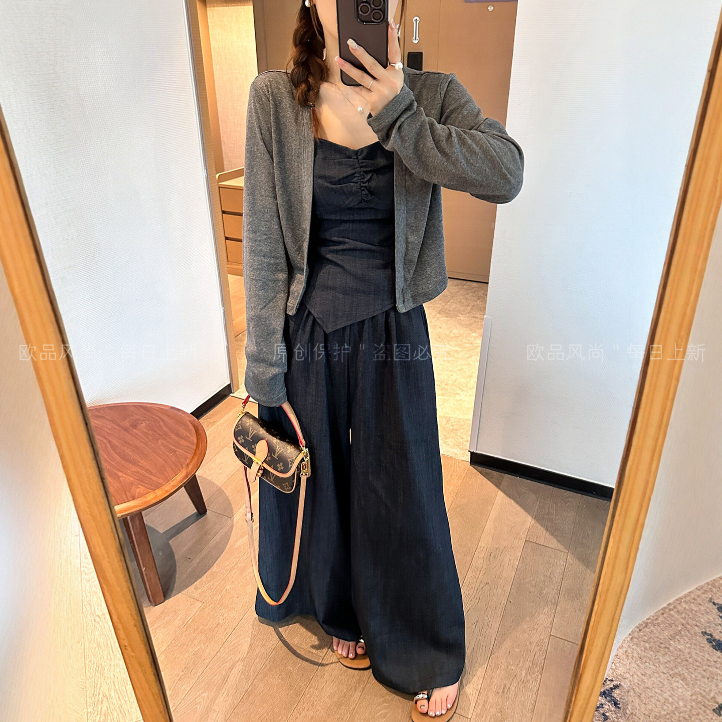 外套吊带阔腿裤三件套装女欧洲站