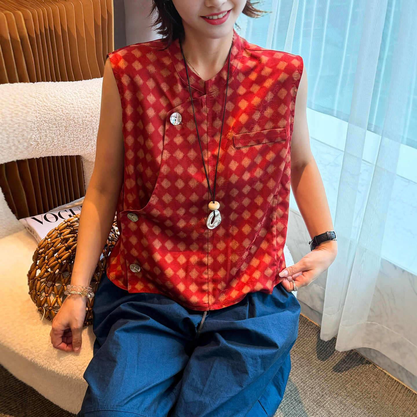 新中式格子人丝亚麻衬衫女欧洲站
