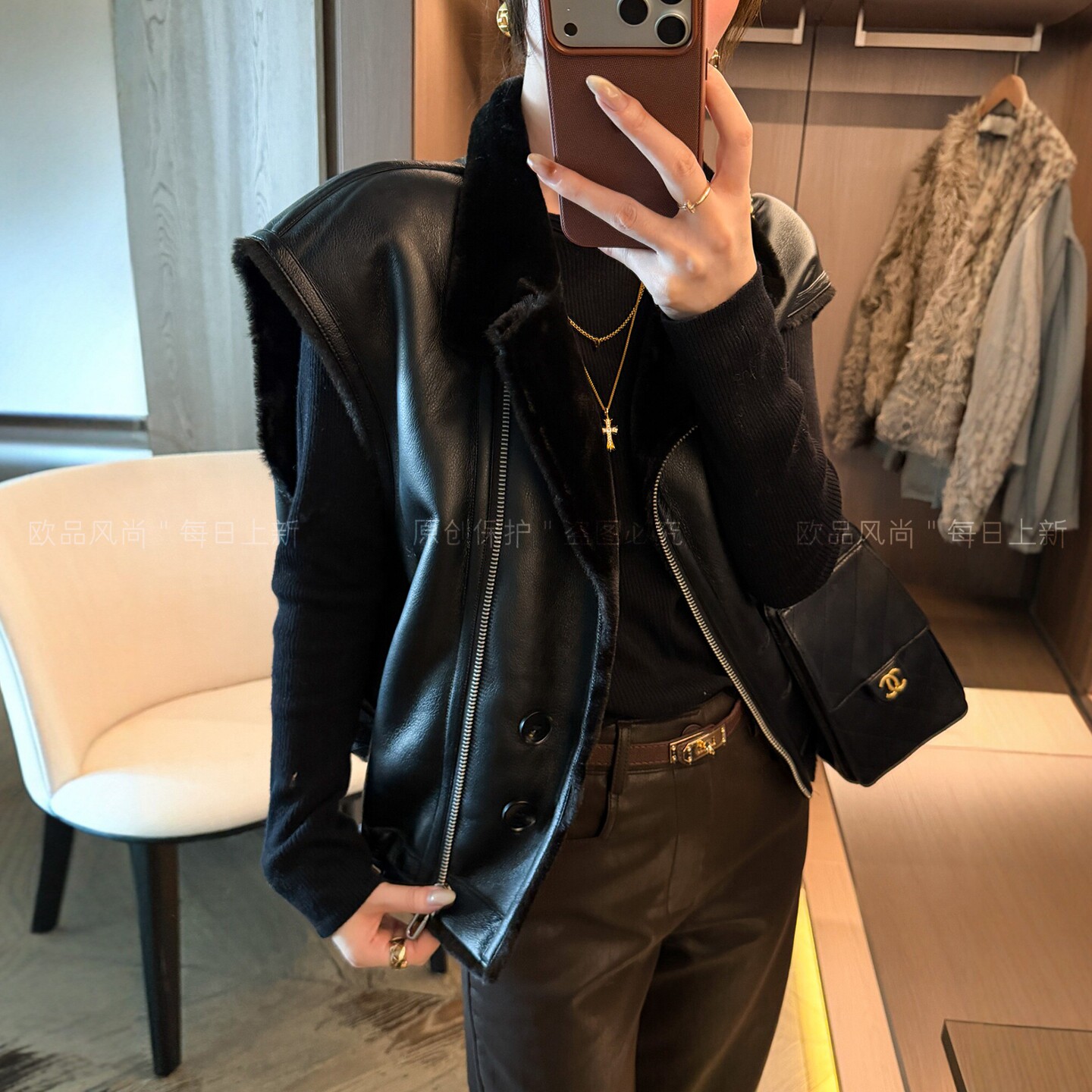 羊羔毛皮毛一体马甲外套女欧洲站