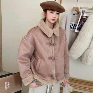 复古翻领羊羔毛皮毛一体外套女欧洲站冬装2023新款欧货加厚上衣潮