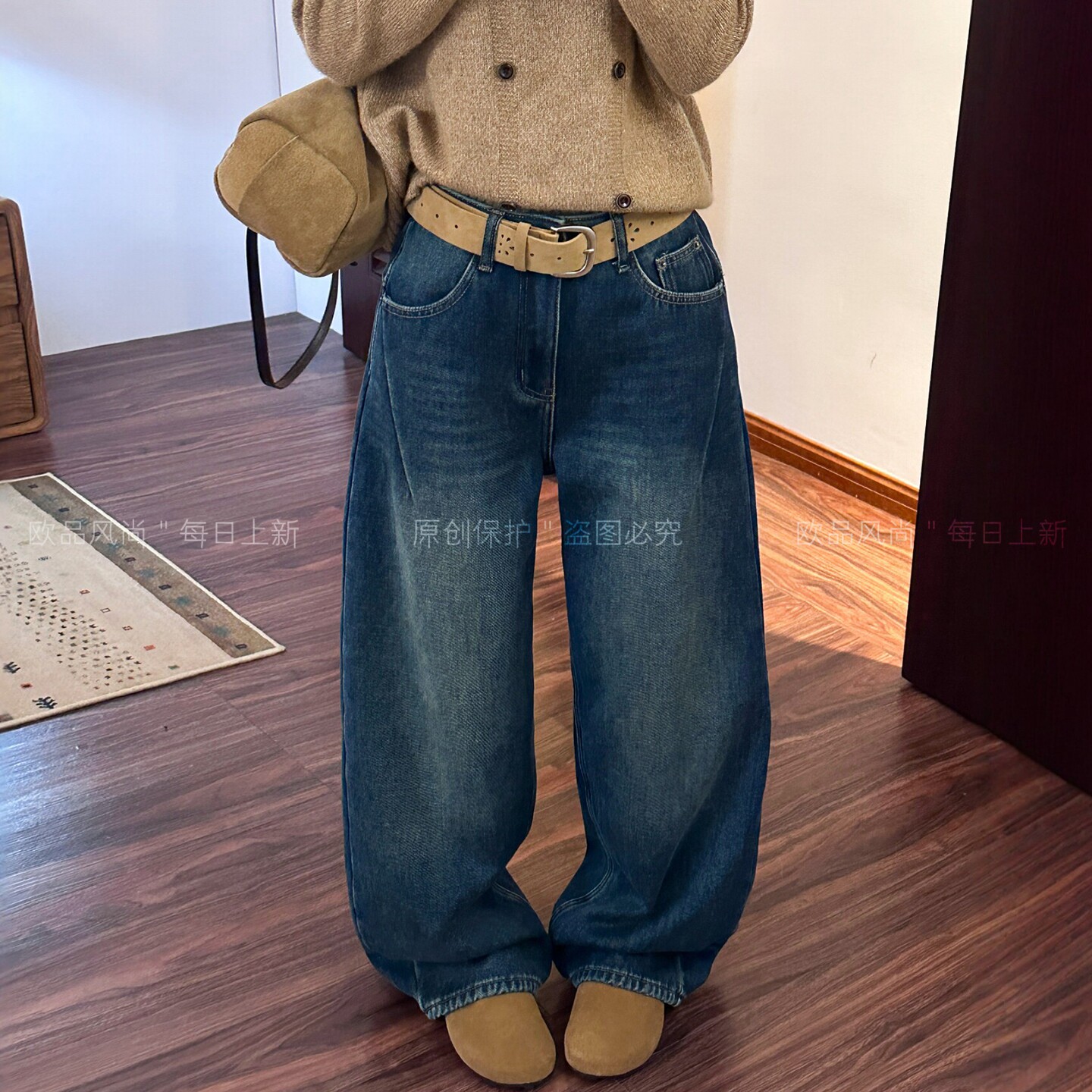 弯刀拖地加绒裤腿牛仔裤女欧洲站