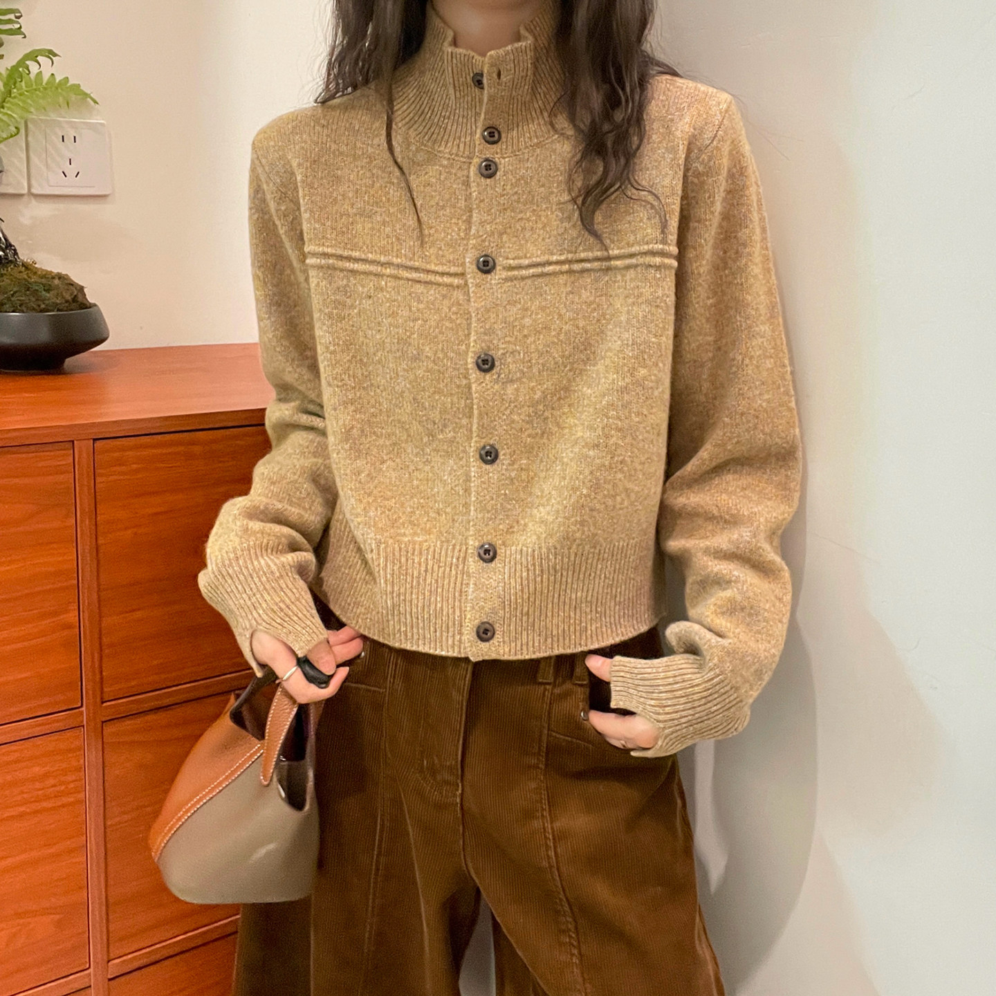 老钱风高领全羊毛针织开衫女欧货