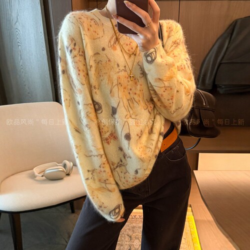 动物印花羊毛拉绒针织衫女欧洲站