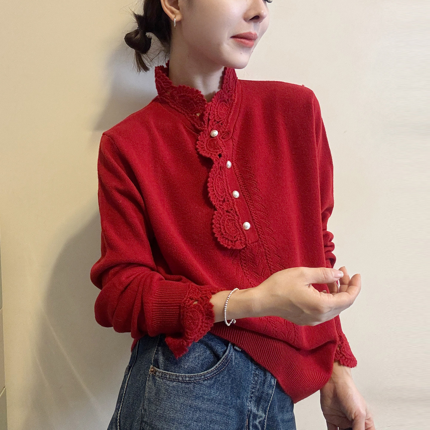 蕾丝钩花钉珠羊毛针织衫女欧洲站2025冬装新款欧货女装打底毛衣潮,女装/女士精品,毛针织衫,淘宝优惠券,粉丝福利购,淘宝优惠卷