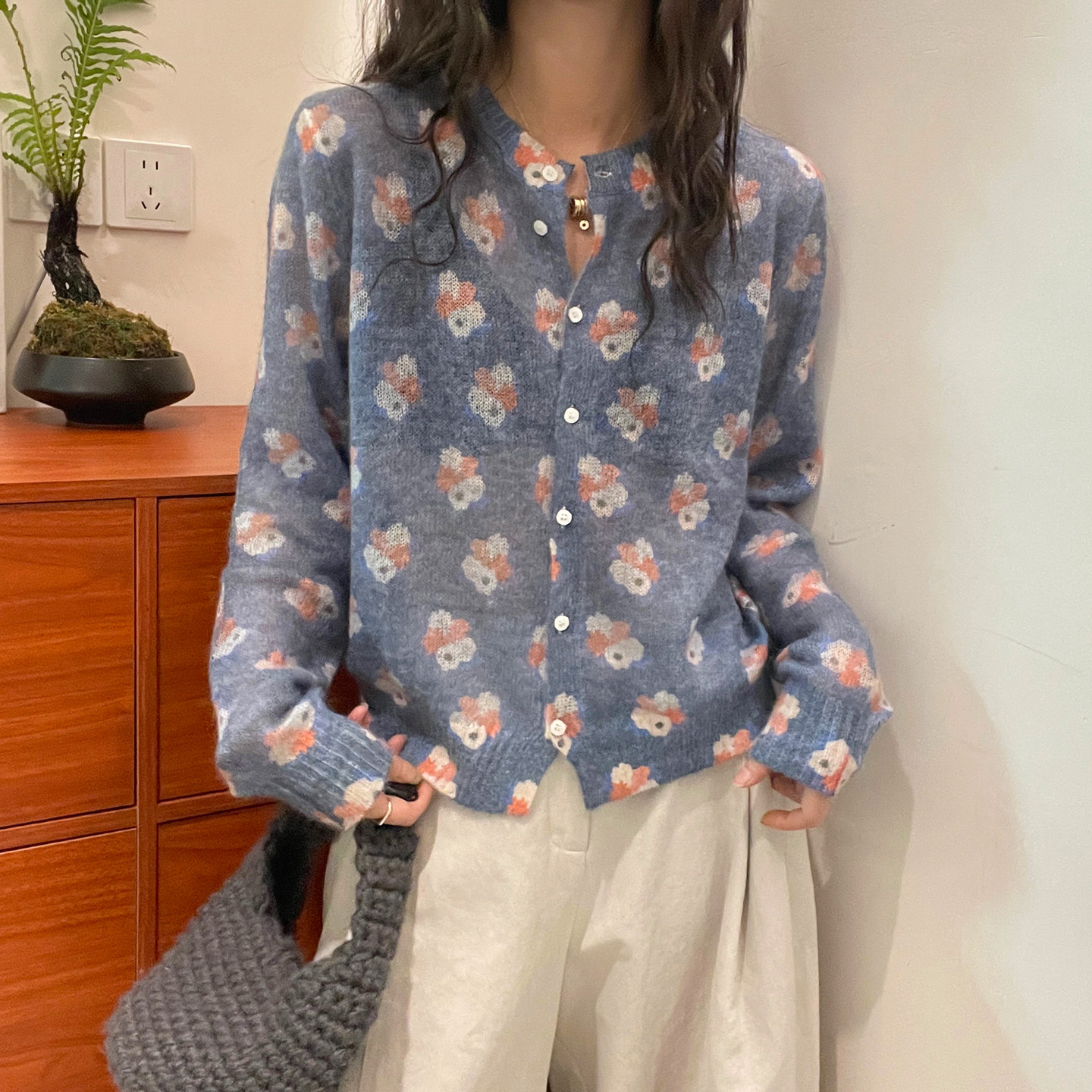 印花绵羊毛马海毛针织开衫女欧货