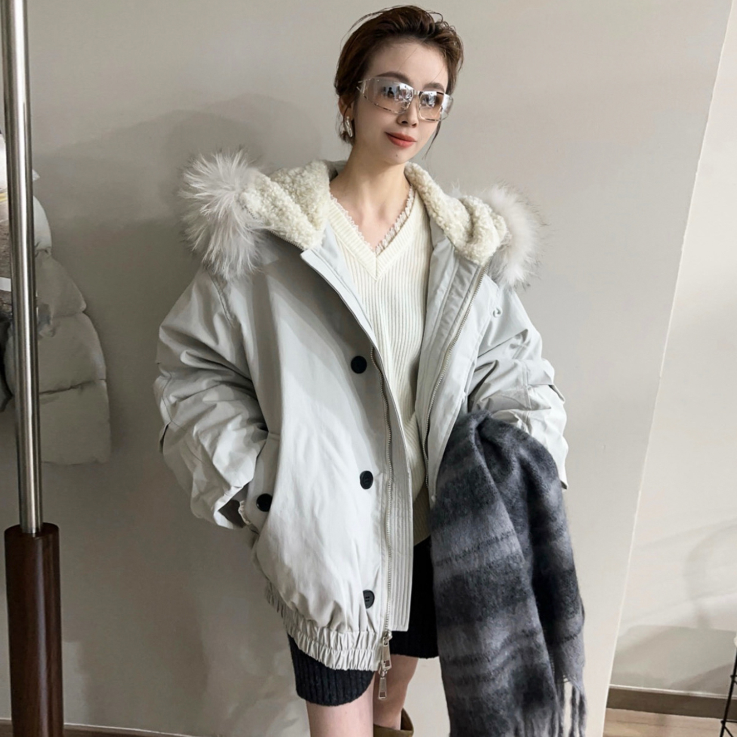 狐狸毛领连帽派克羽绒服女欧洲站