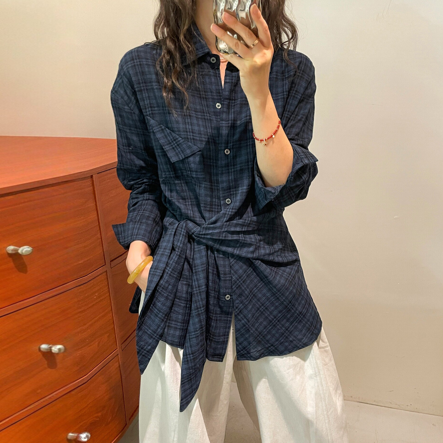 撞色格子收腰系带衬衫女欧洲站潮