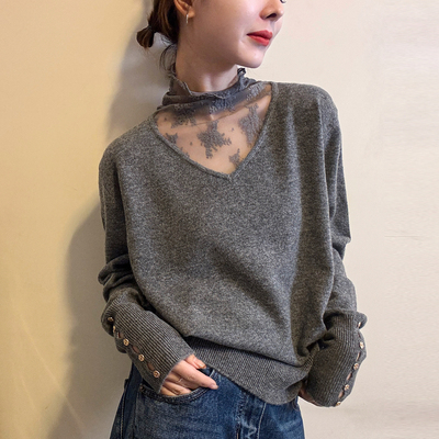 蕾丝刺绣高领羊毛针织衫女欧洲站