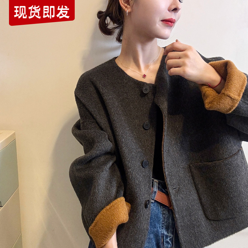 复古翻边双面羊绒大衣女欧货外套