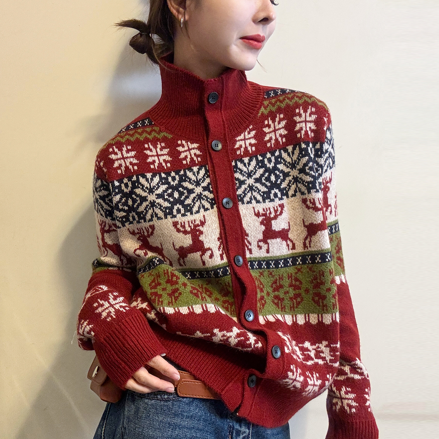 小鹿提花高领羊毛针织开衫女欧货