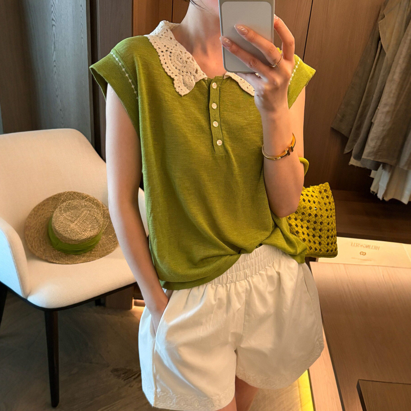 POLO领镂空钩花冰丝针织衫女欧货