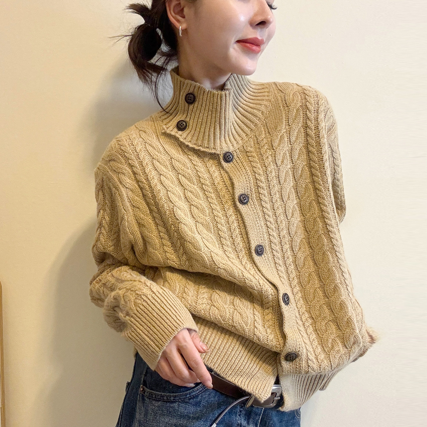 高领麻花纹羊毛针织开衫女欧洲站
