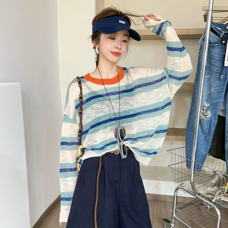 撞色条纹冰丝针织衫女欧洲站上衣