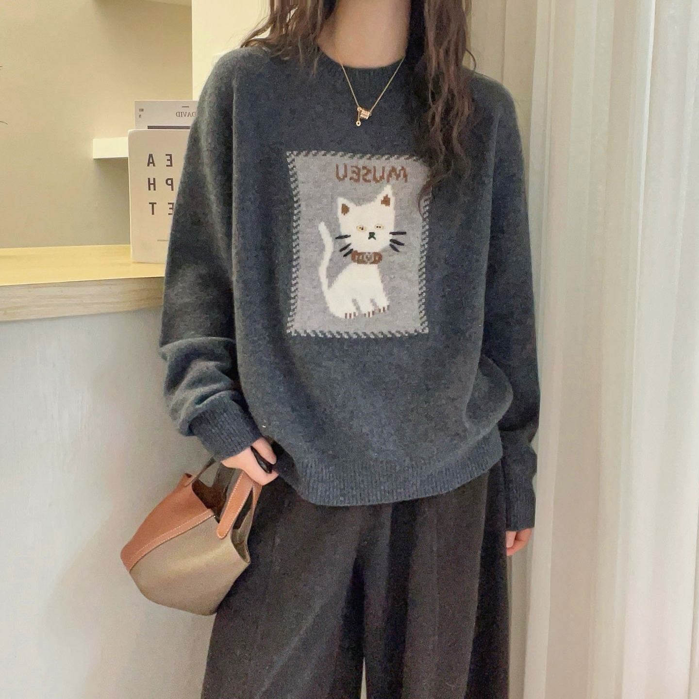 猫咪提花山羊绒针织衫女欧货打底