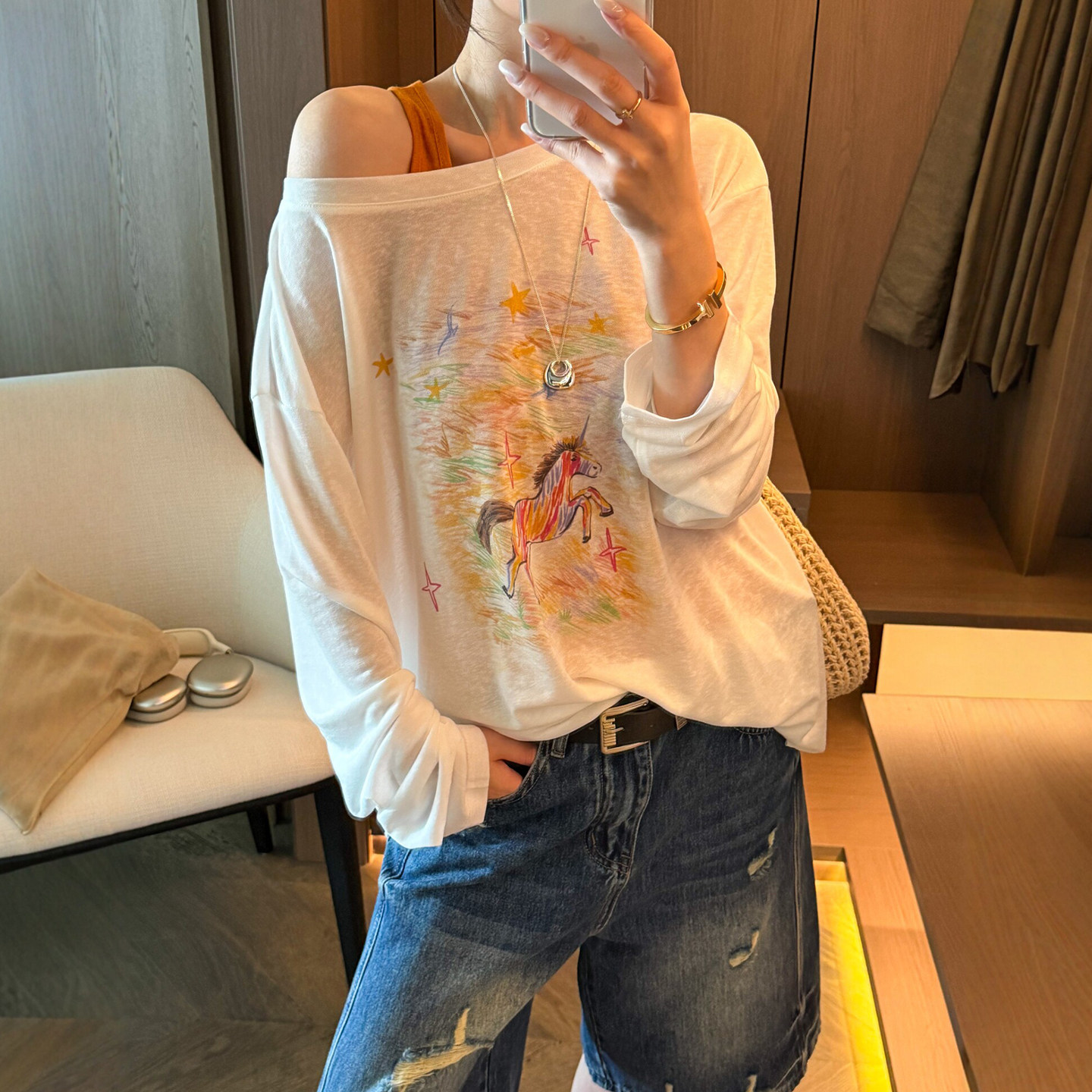 假两件露肩印花长袖T恤女欧洲站2026夏季新款欧货女装INS防晒衣潮