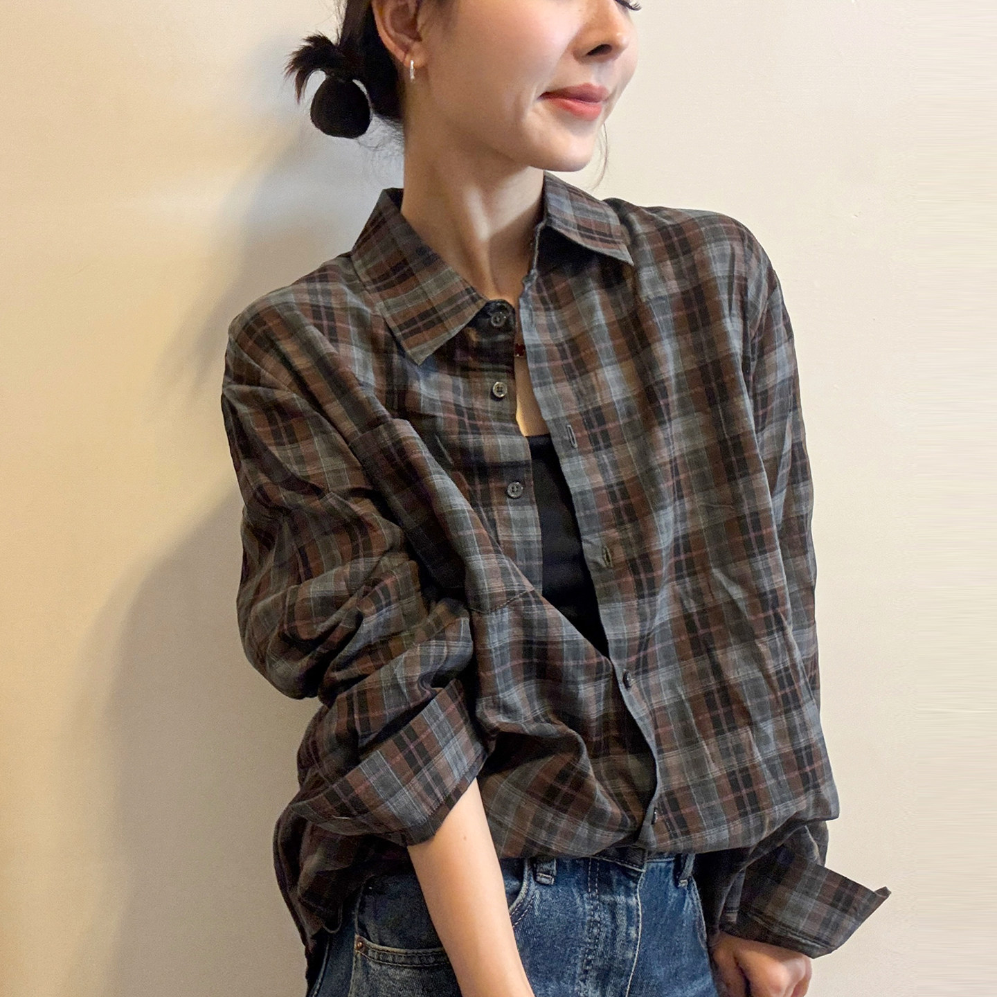POLO领撞色格子衬衫女欧洲站上衣