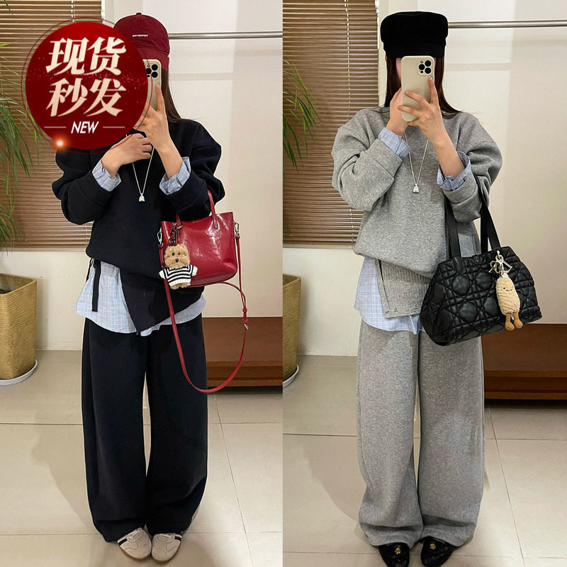 侧边开叉加绒卫衣阔腿裤两件套装女欧洲站2025冬装新款欧货女装潮