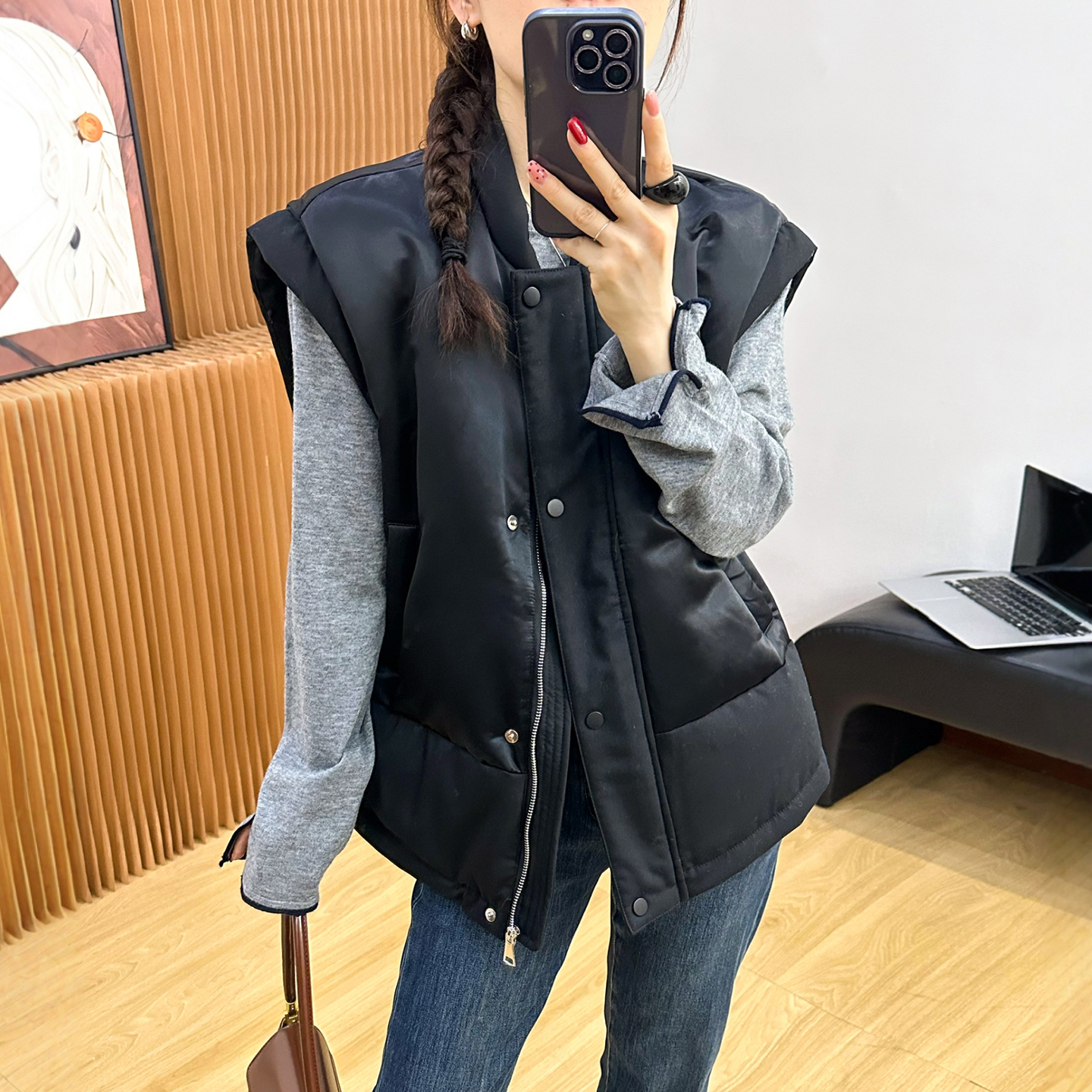 复古缎面羽绒服马甲外套女欧洲站