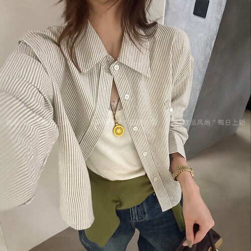 配披肩刺绣竖条纹衬衫女欧货上衣