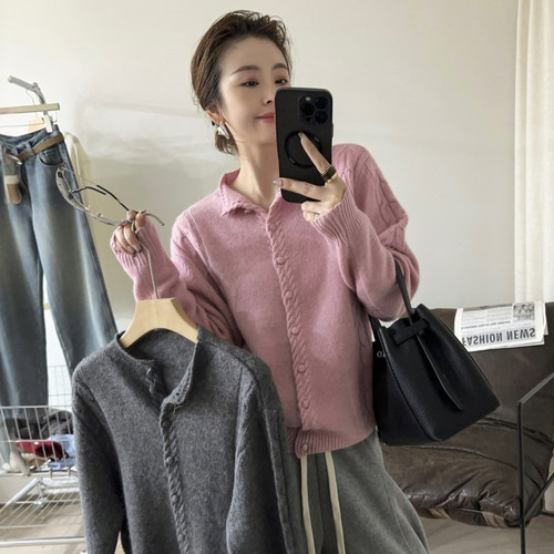 复古麻花羊绒针织开衫女欧货毛衣