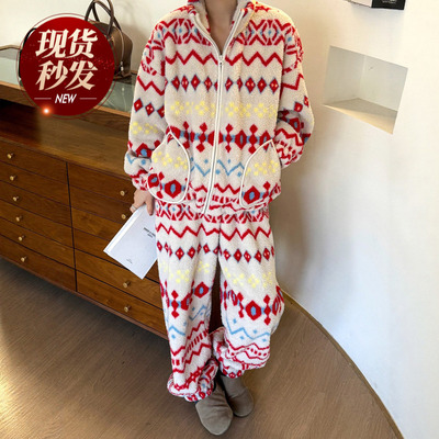 费尔岛提花羊羔毛阔腿裤两件套装