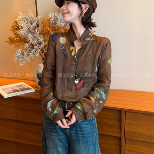 植物印花立领苎麻衬衫女欧洲站2026早秋新款欧货女装时尚娃娃衫潮