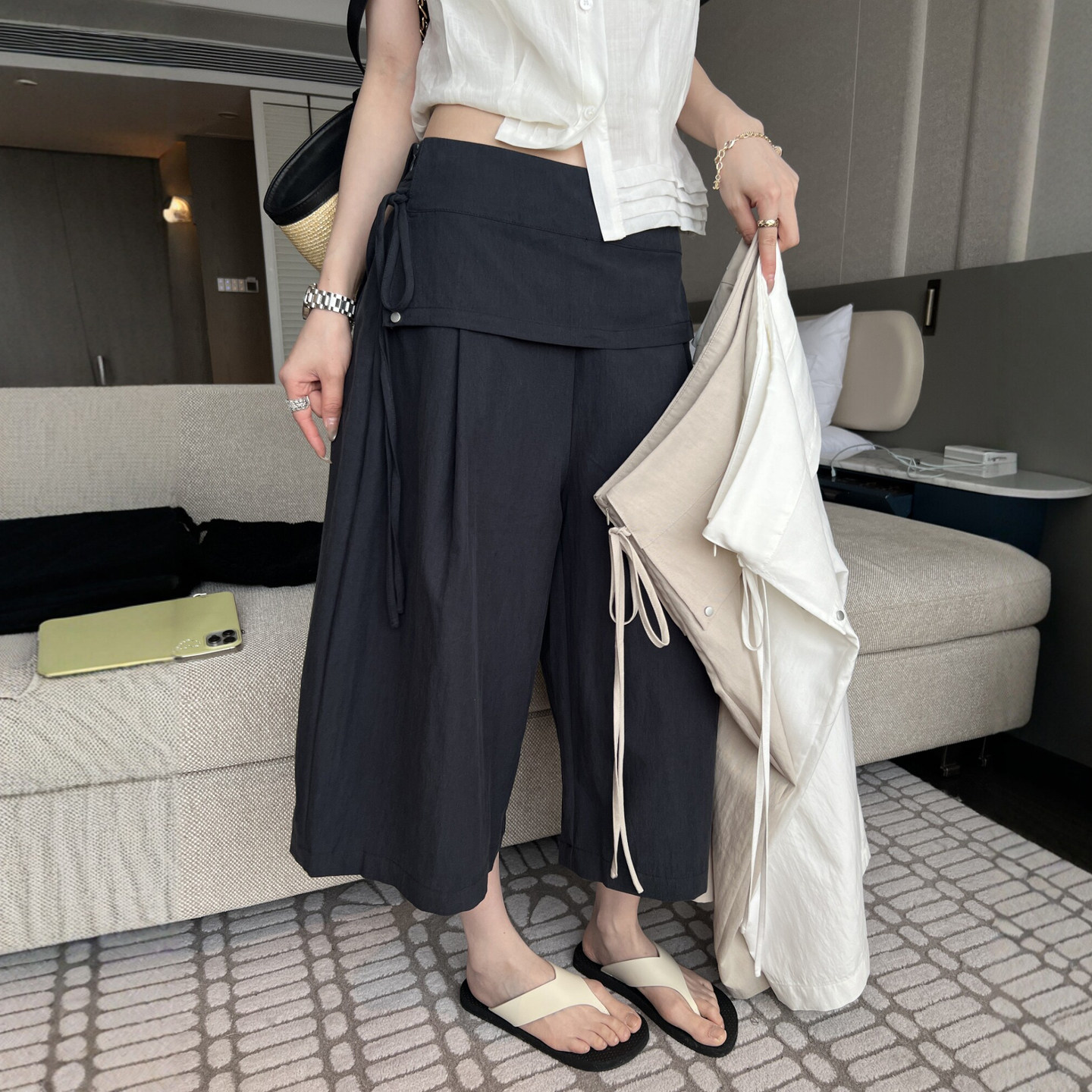 假两件屁帘八分阔腿裤女欧洲站2026夏季新款欧货女装九分休闲裤潮