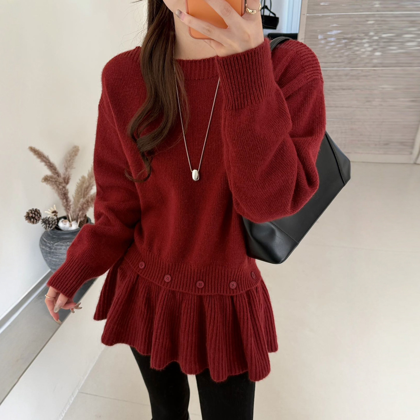 荷叶边拼接羊毛针织衫女欧货上衣