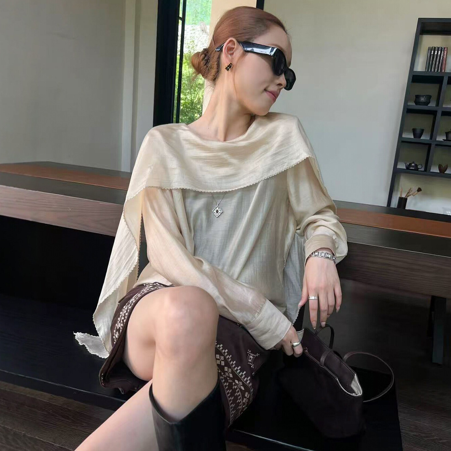 假两件披肩欧根纱衬衫女欧洲站潮