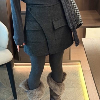 不规则羊毛呢A字半身裙女欧洲站