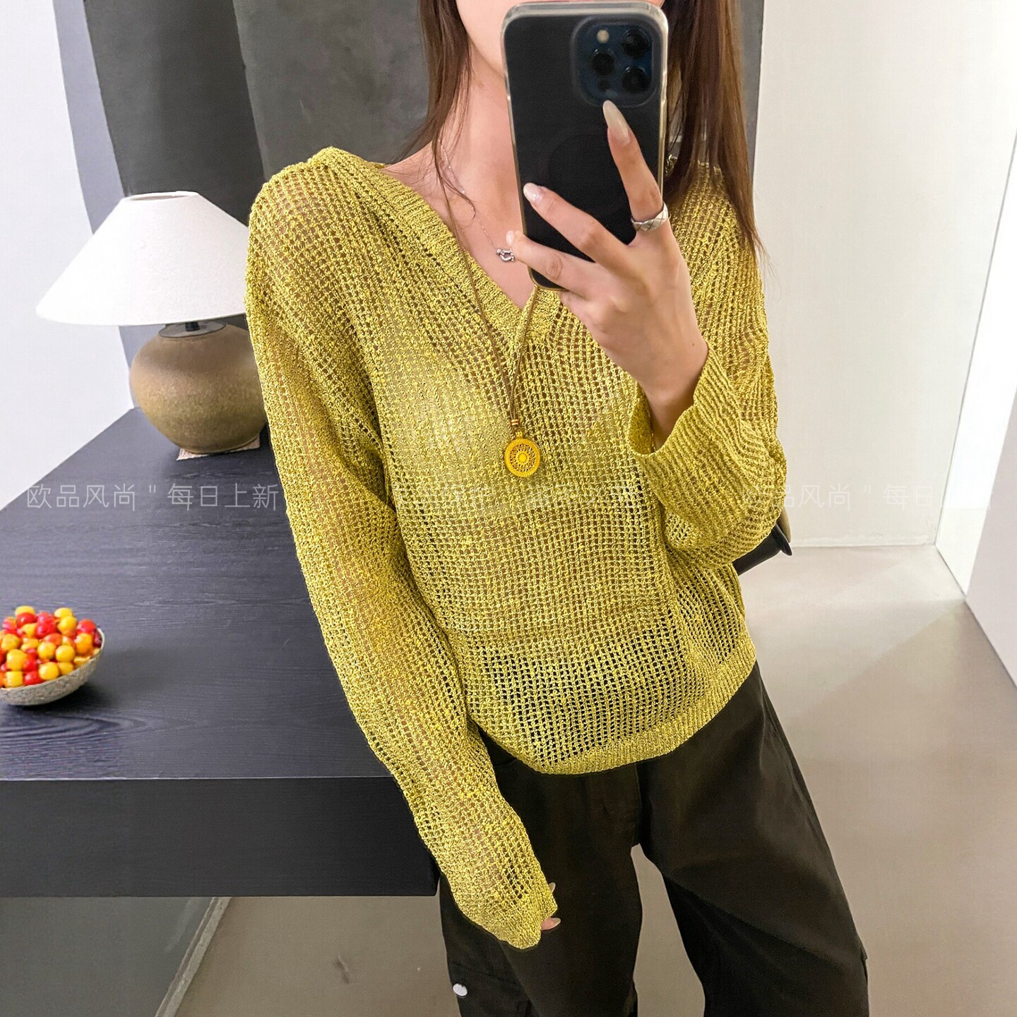 钩花V领连帽冰丝针织衫女欧洲站