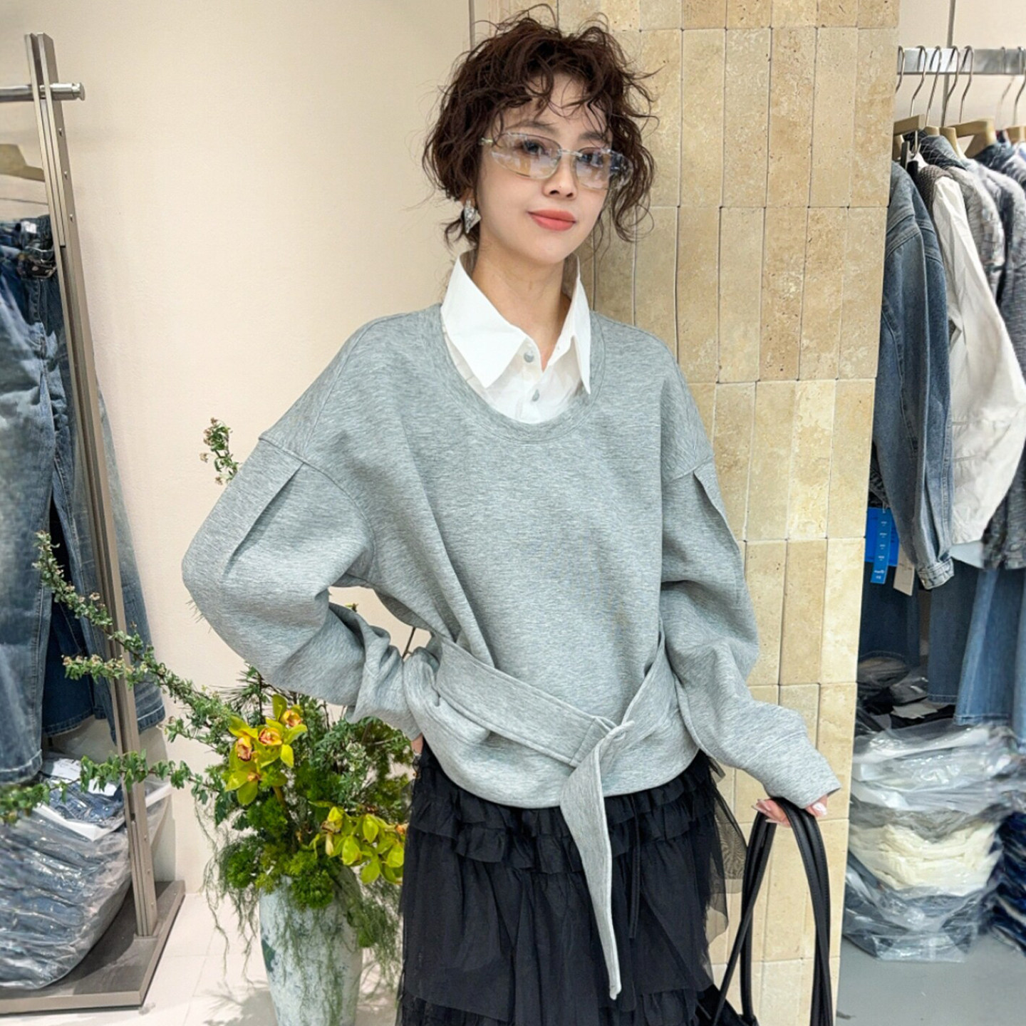 假两件翻领收腰卫衣女欧洲站2026春装新款欧货女装时尚休闲上衣潮