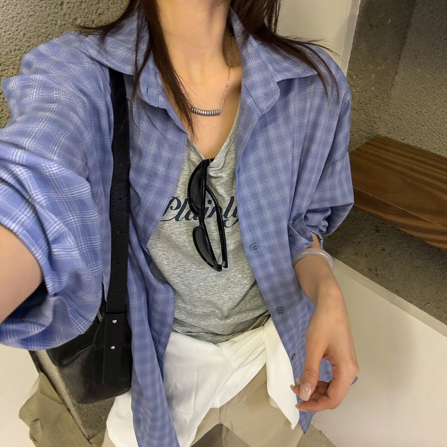 撞色格子防晒衬衫背心两件套上衣