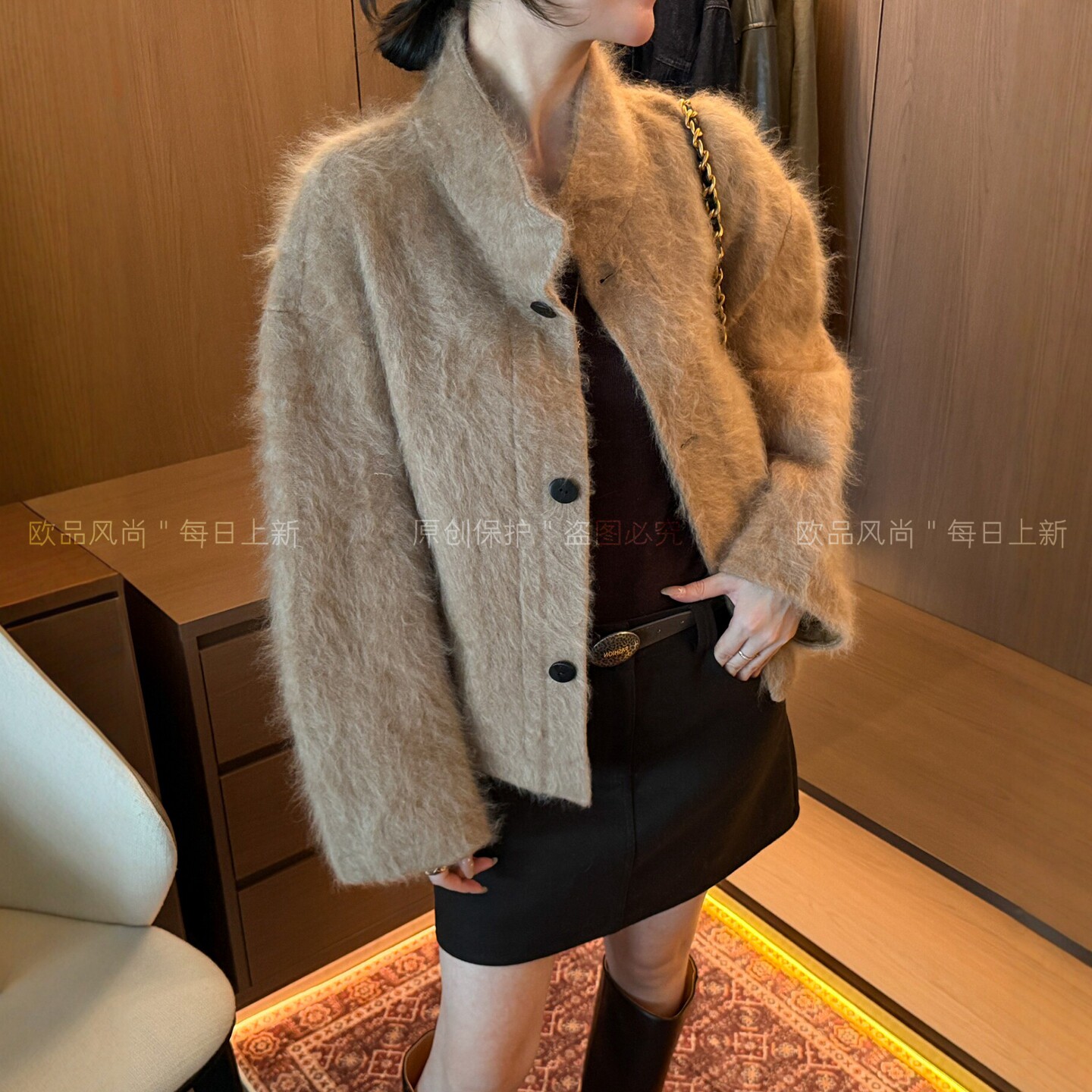 老钱风立领羊毛拉绒外套女欧洲站