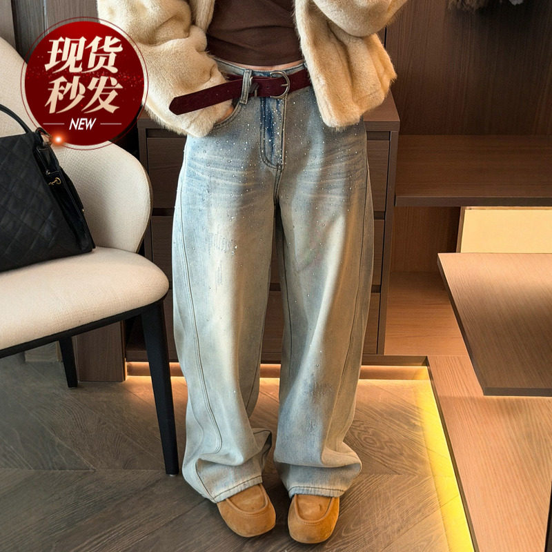 复古烫钻拖地阔腿牛仔裤女欧洲站2026春装新款欧货女装直筒裤子潮