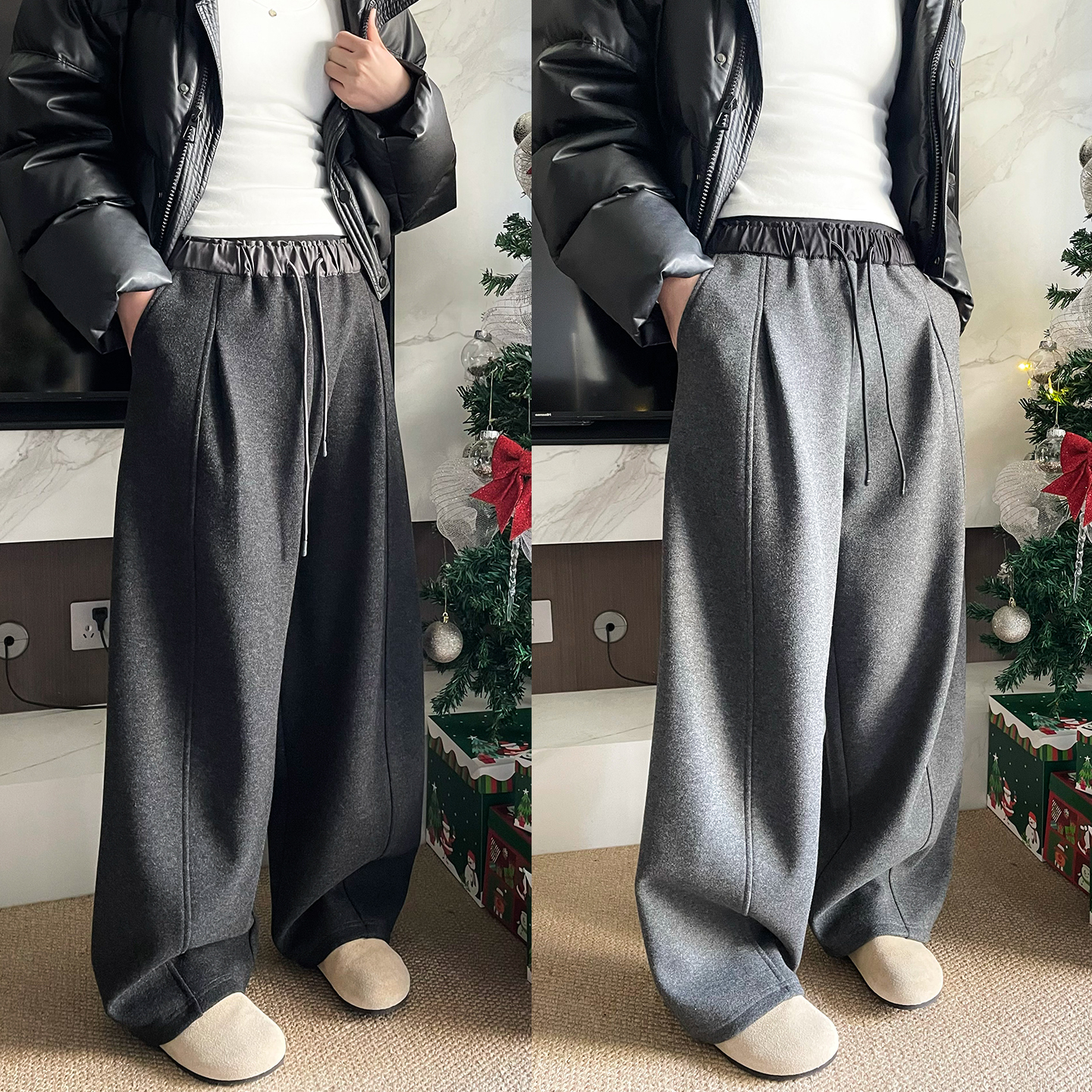 醋酸羊毛呢加绒阔腿裤女欧洲站潮