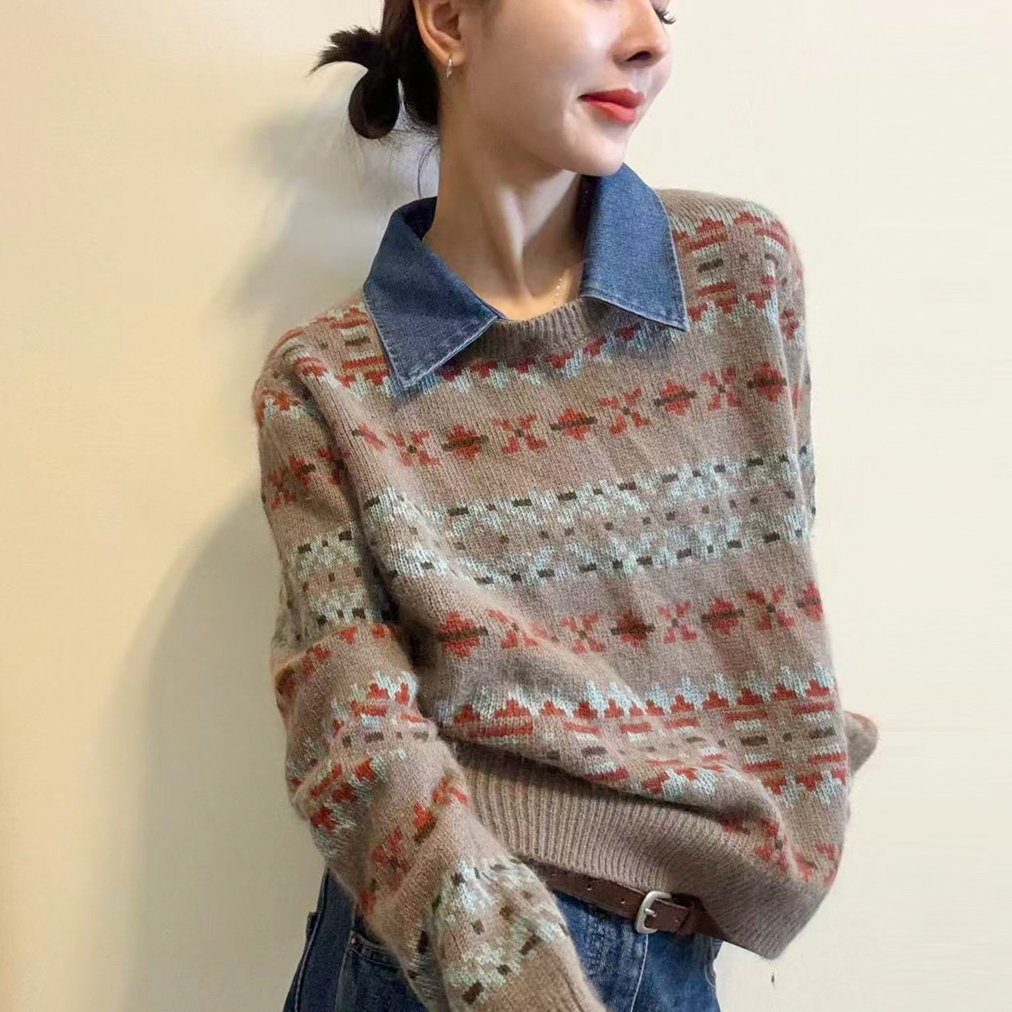 费尔岛牛仔翻领羊毛针织衫女欧货