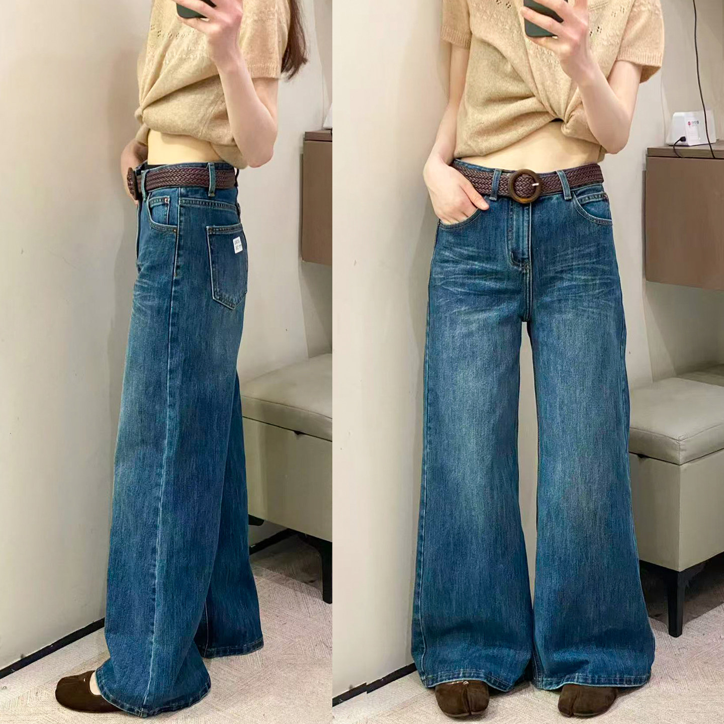 编织腰带微喇阔腿牛仔裤女欧洲站