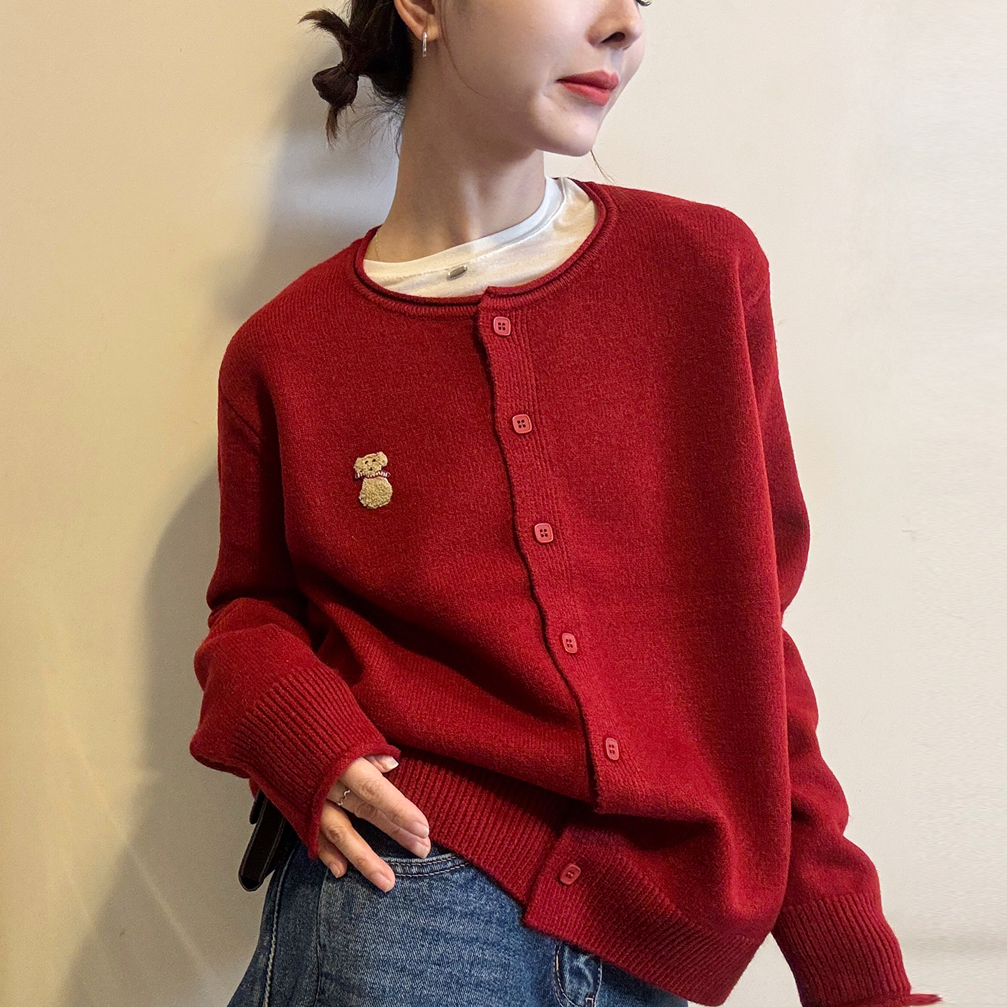 小狗刺绣细羊毛针织开衫女欧洲站