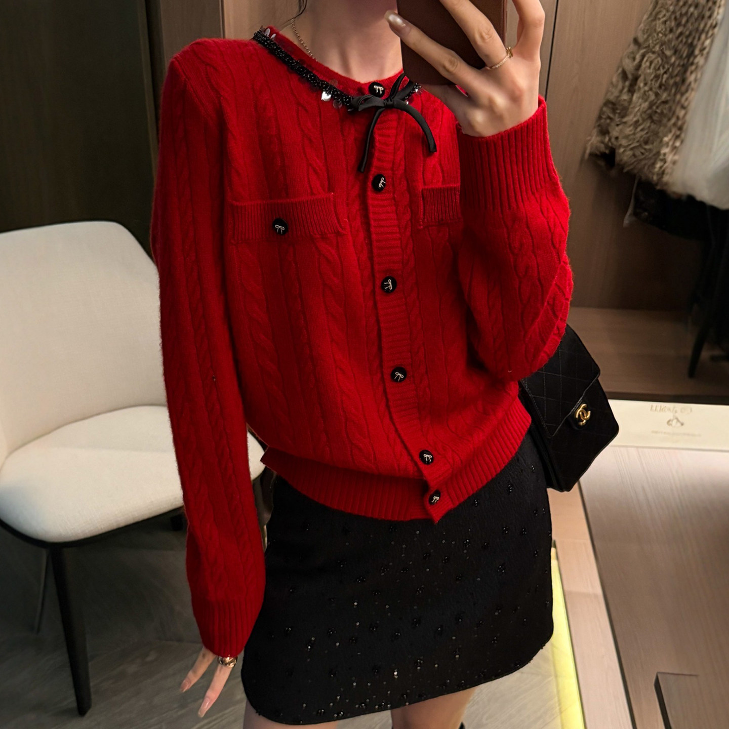 小香风蝴蝶结羊毛针织开衫女欧洲站2025冬装新款欧货女装短外套潮