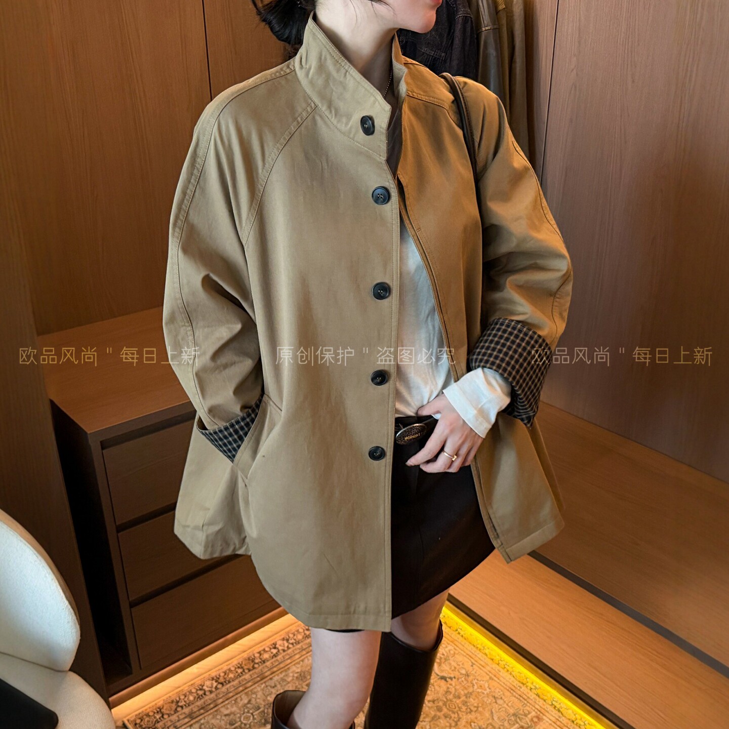 格子拼接立领风衣外套女欧洲站潮