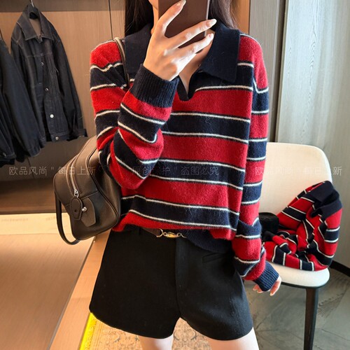 POLO领条纹绵羊毛针织衫女欧洲站