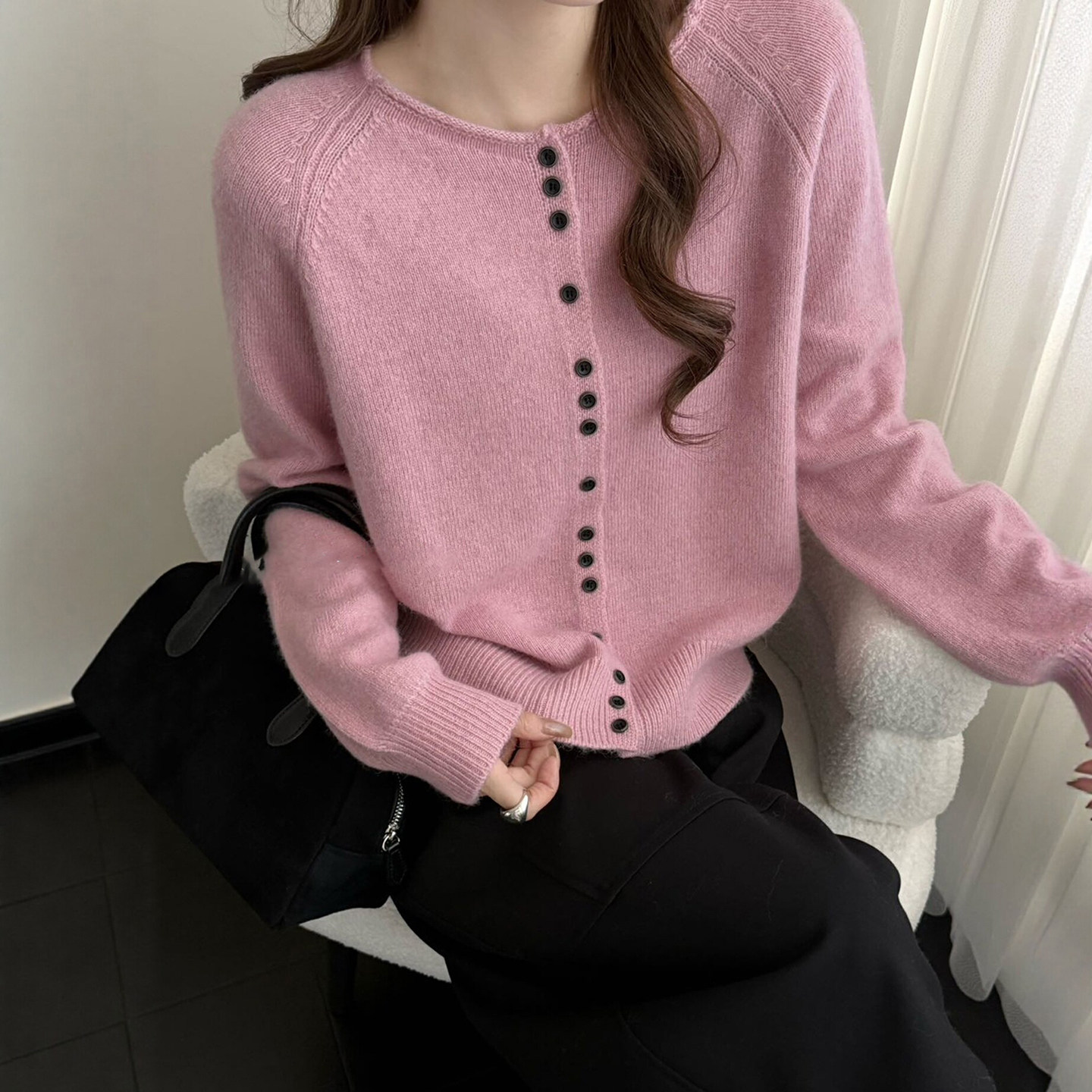 糖果色卷边羊驼绒针织开衫女欧货
