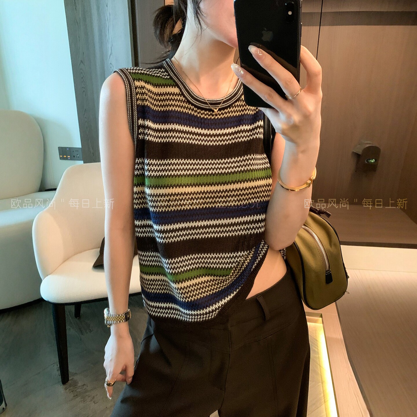 绵羊毛桑蚕丝条纹针织背心女欧货