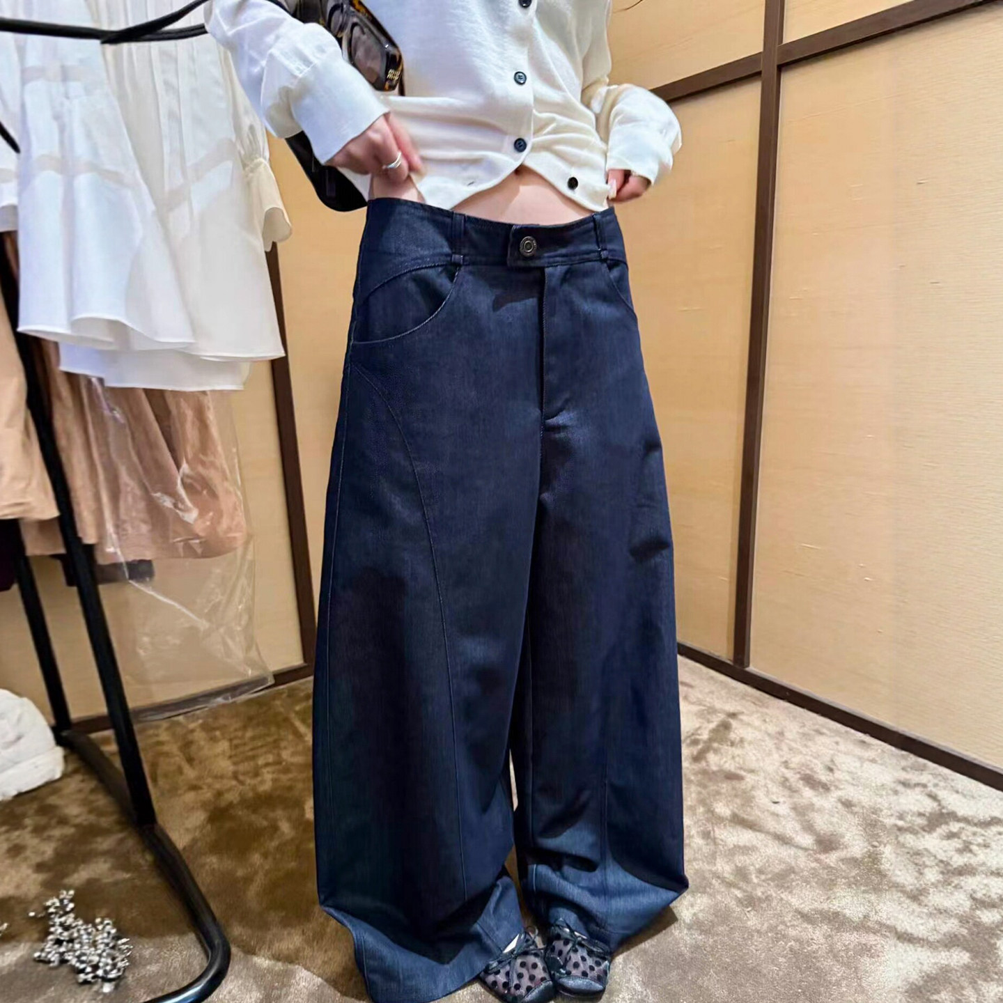 深蓝色拖地阔腿牛仔裤女欧货裤子