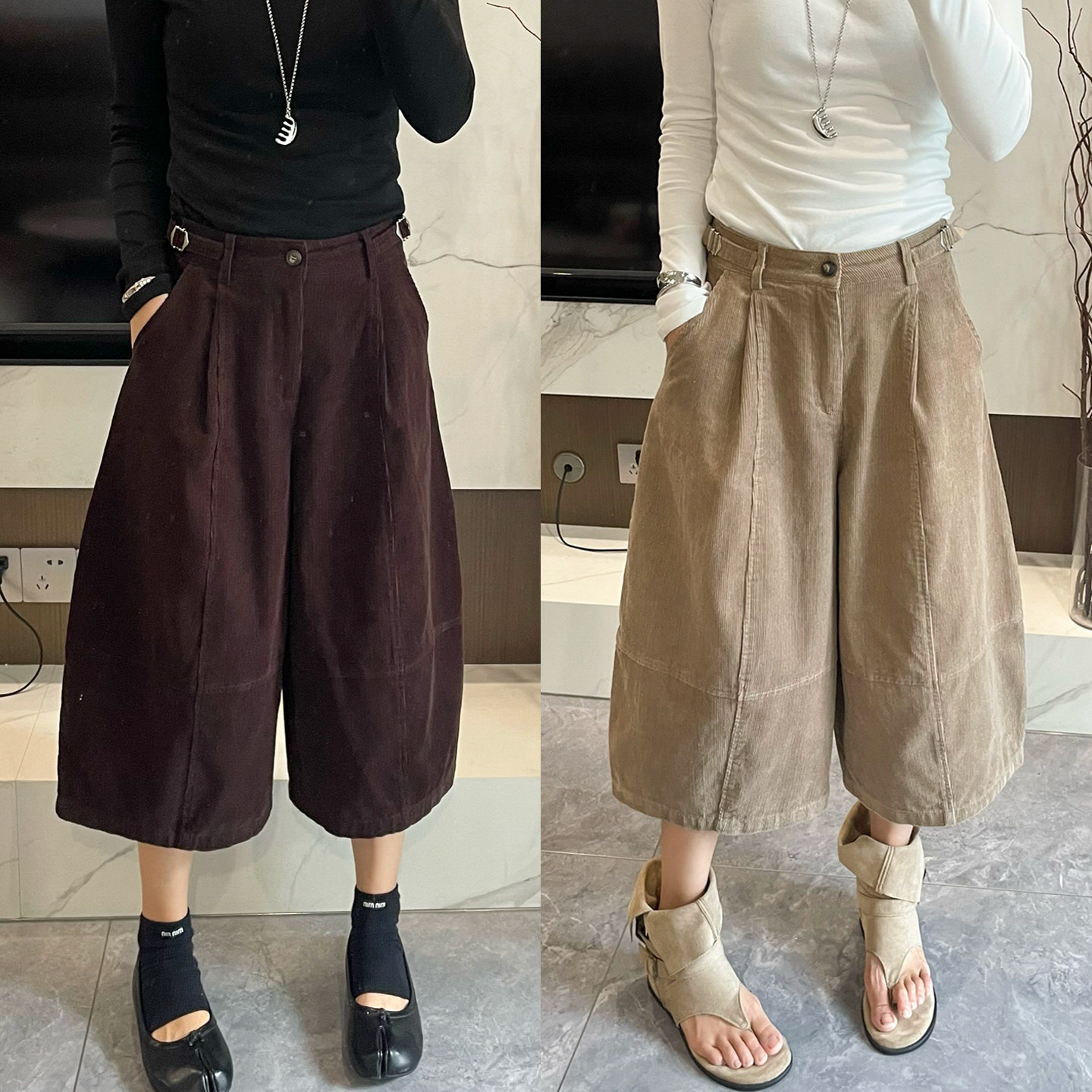 复古灯芯绒七分阔腿裤女欧洲站裤
