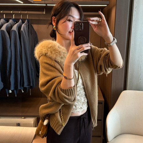 毛领连帽羊绒针织开衫女欧货外套