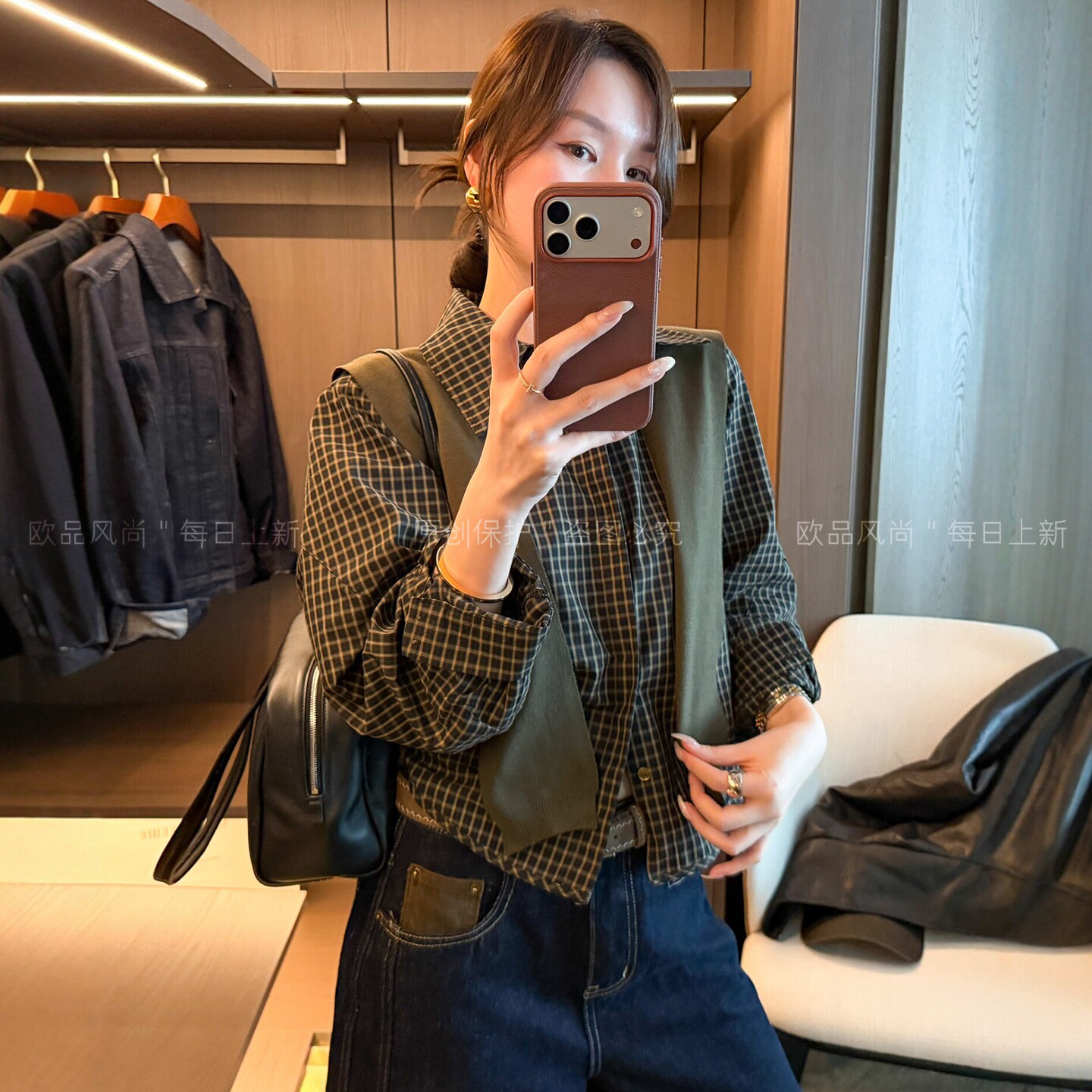 配披肩POLO领格子衬衫女欧货上衣