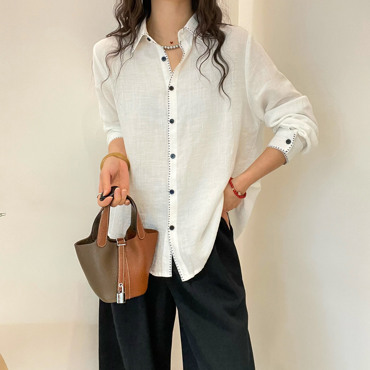 复古明线天丝亚麻衬衫女欧洲站2026春装新款欧货女装设计感上衣潮