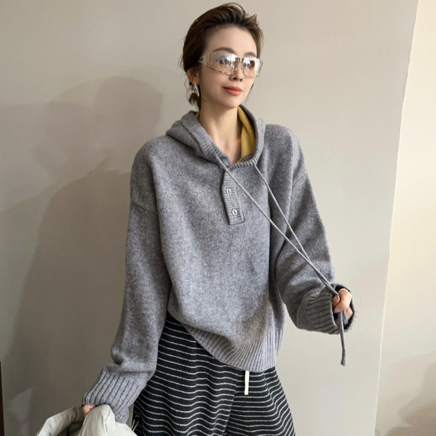 抽绳连帽羊绒针织衫女欧洲站上衣